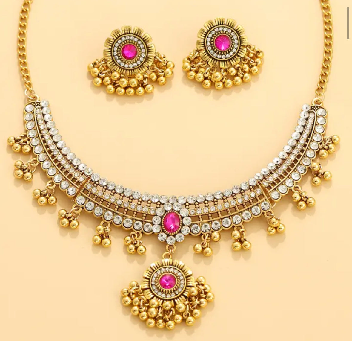 White Rhinestones & pink crystal Necklace set