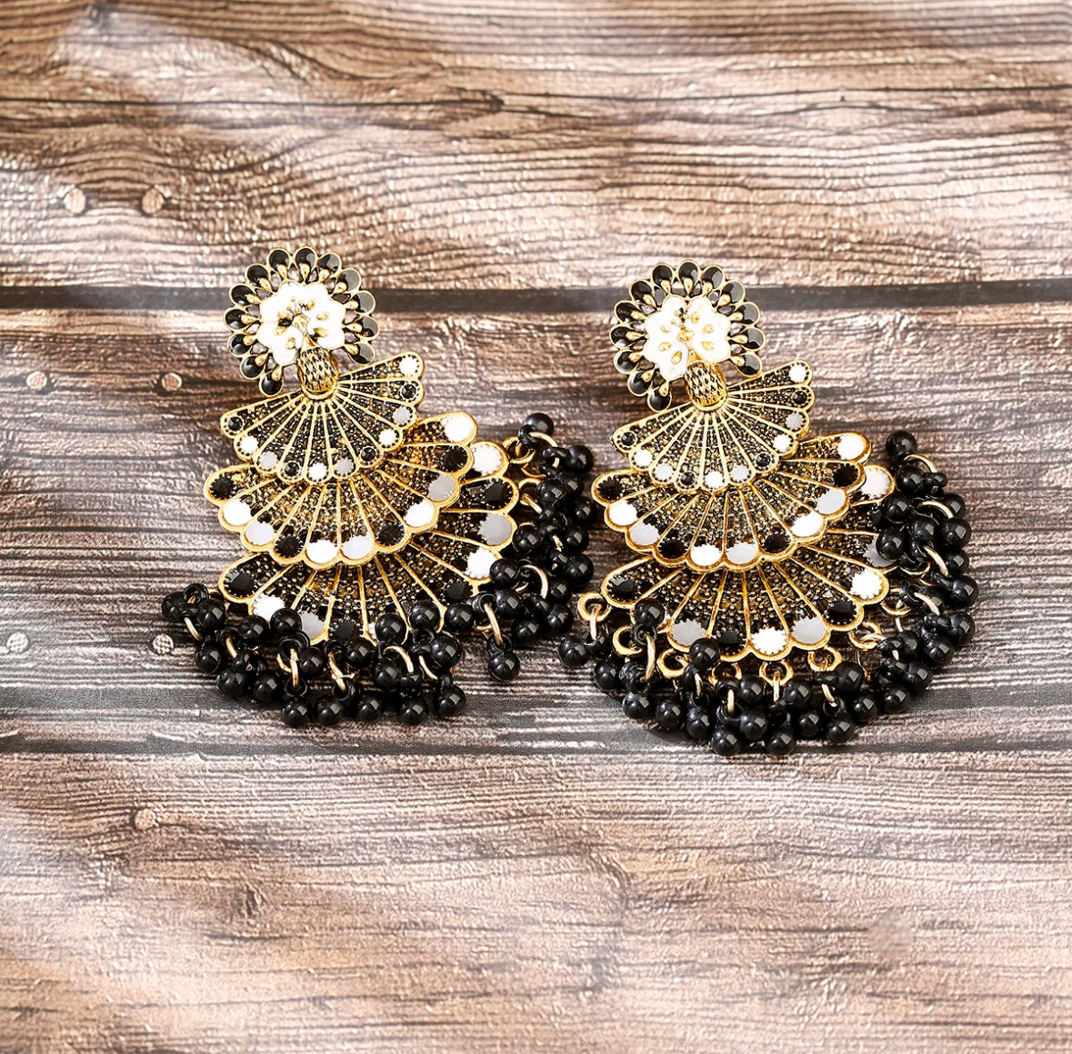 White/black peacock earrings