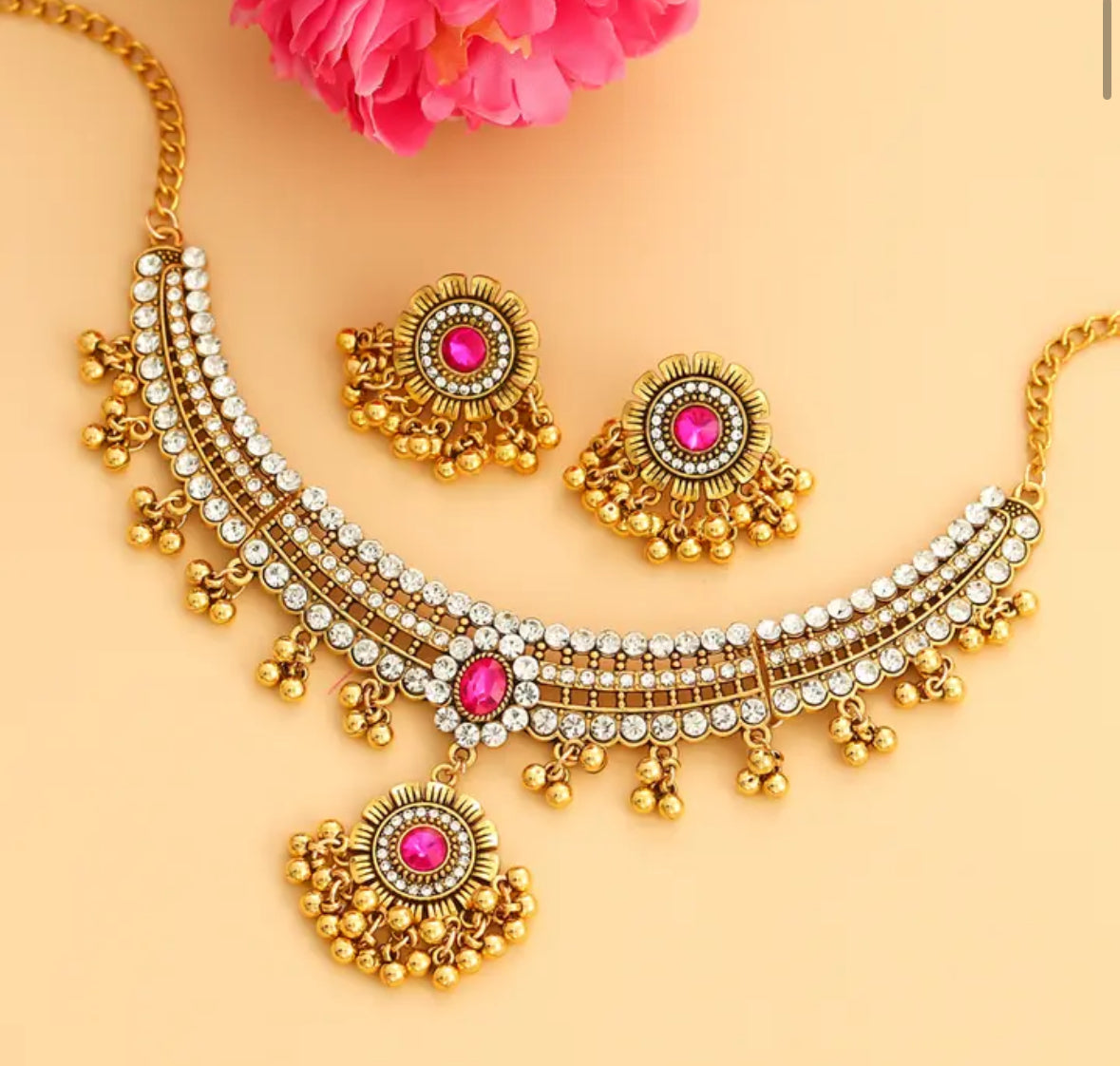 White Rhinestones & pink crystal Necklace set