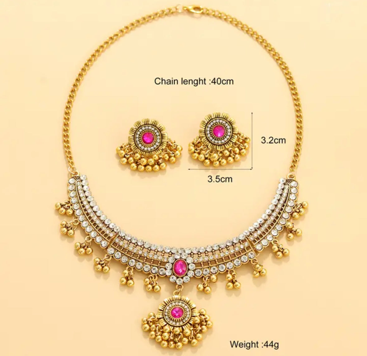 White Rhinestones & pink crystal Necklace set