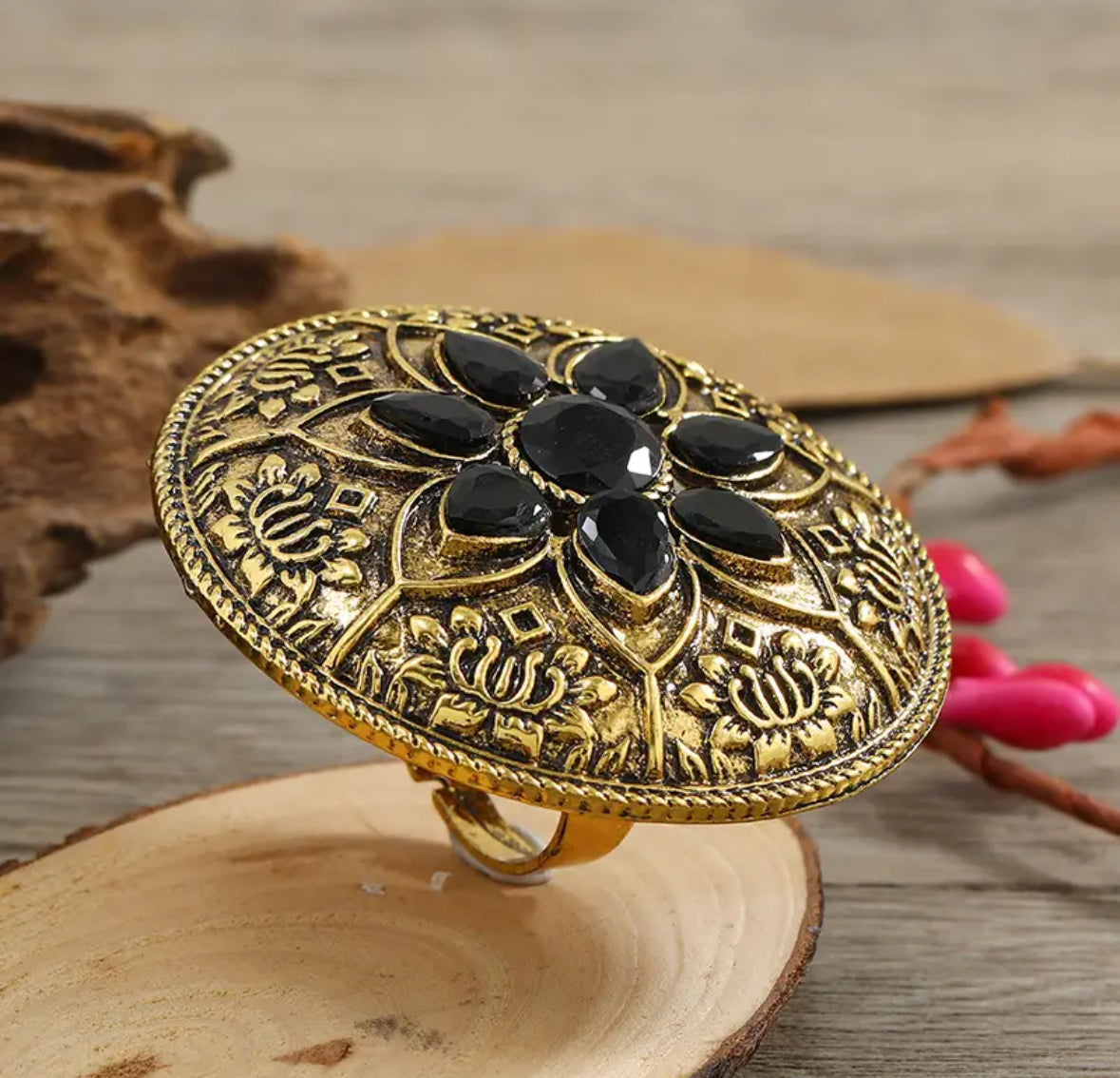 Engraved lotus Black stone resizable ring