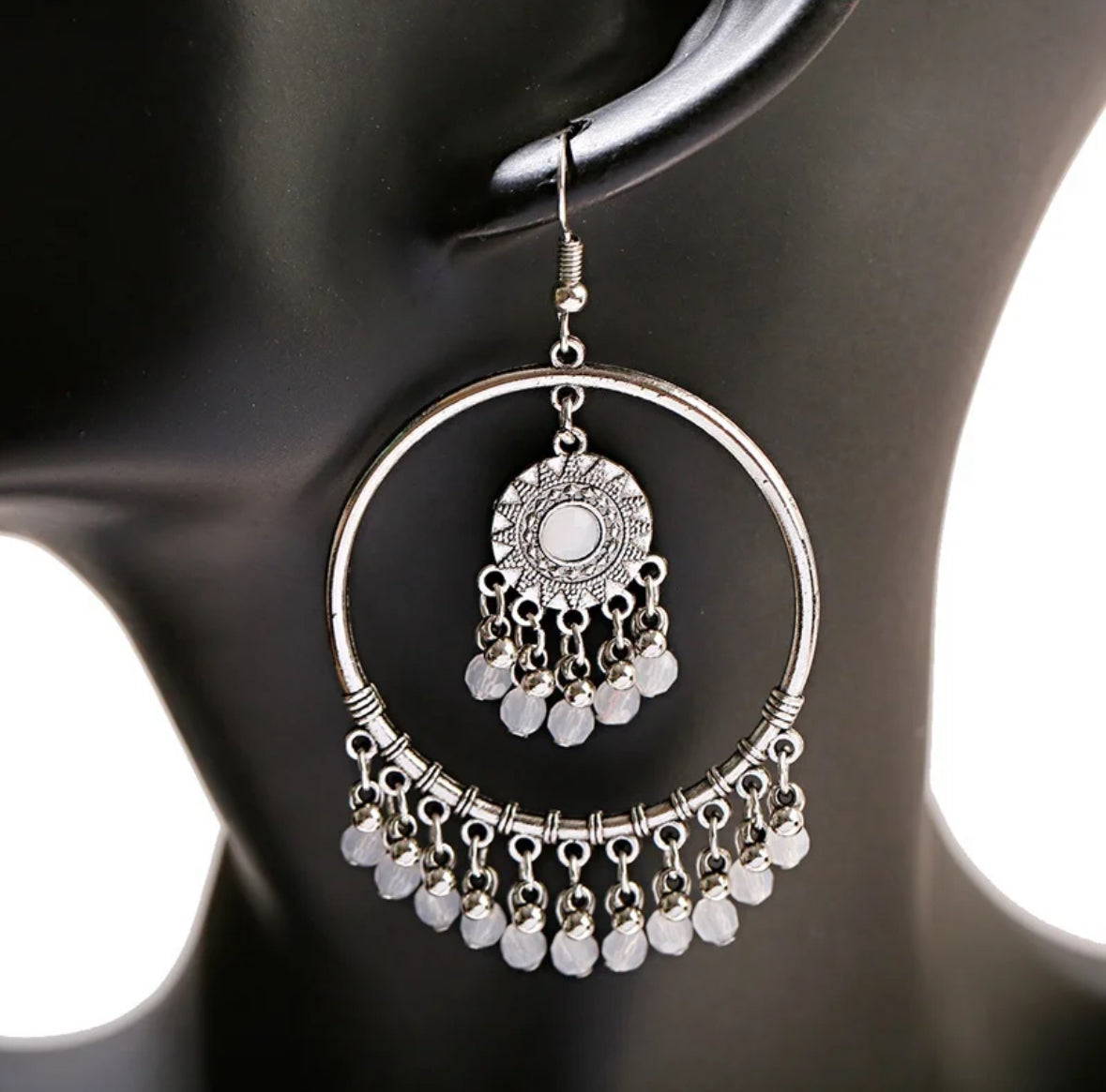 Silver mirror hoop earrings with white beads