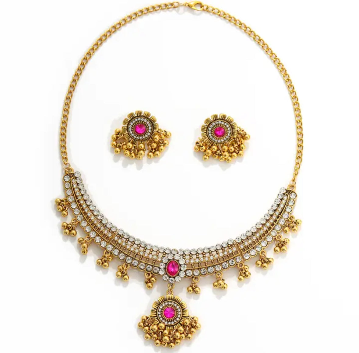 White Rhinestones & pink crystal Necklace set