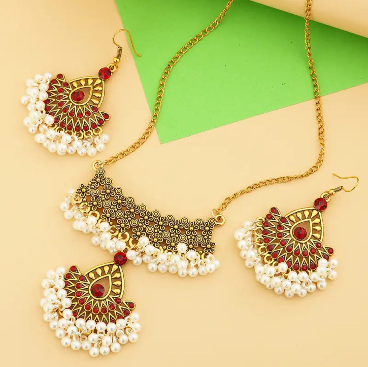 Ethnic simulate pearl tassel drop earrings and necklace