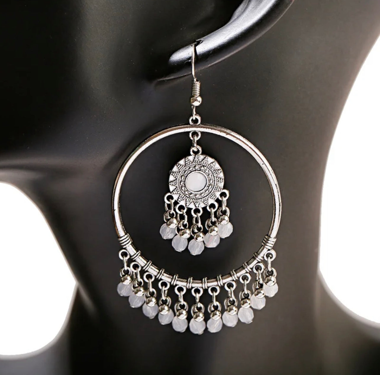 White Tassel Hoop Earring