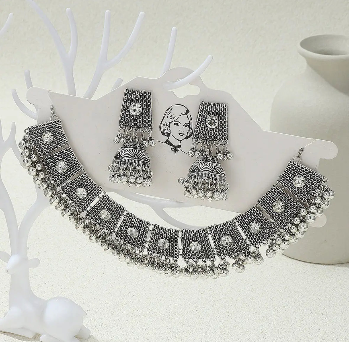 Intricate Silver Choker and Earring set