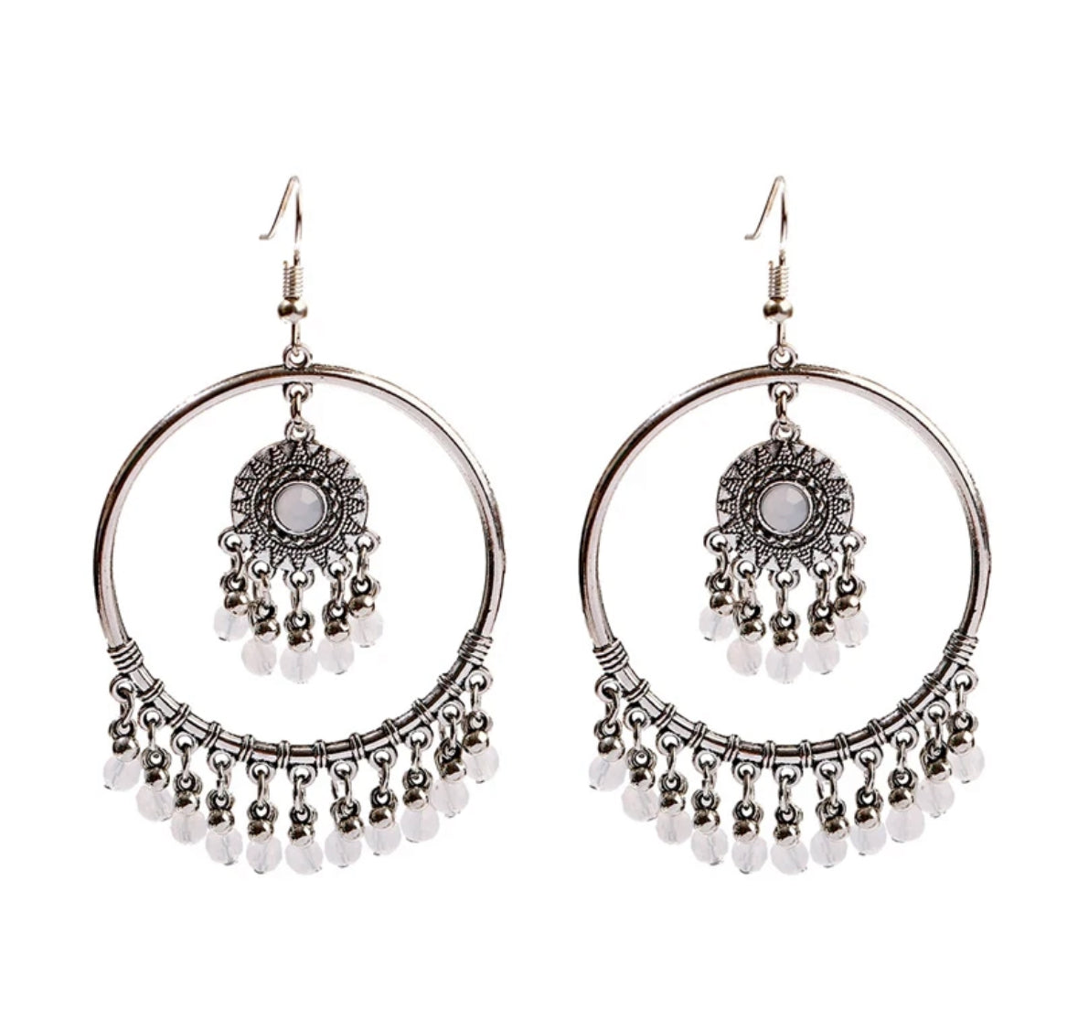 Silver mirror hoop earrings with white beads