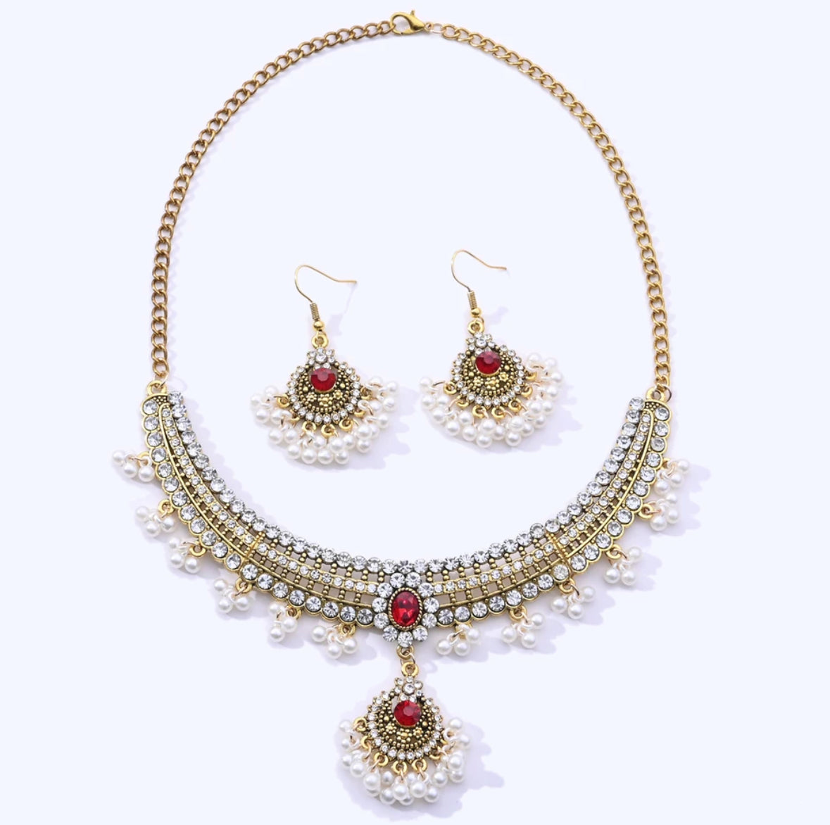 Pearl Tassel red crystal Choker set