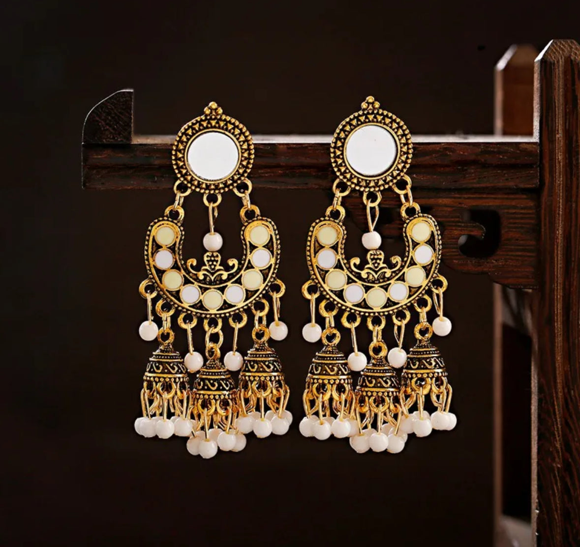 Mirror Jhumka with white beads